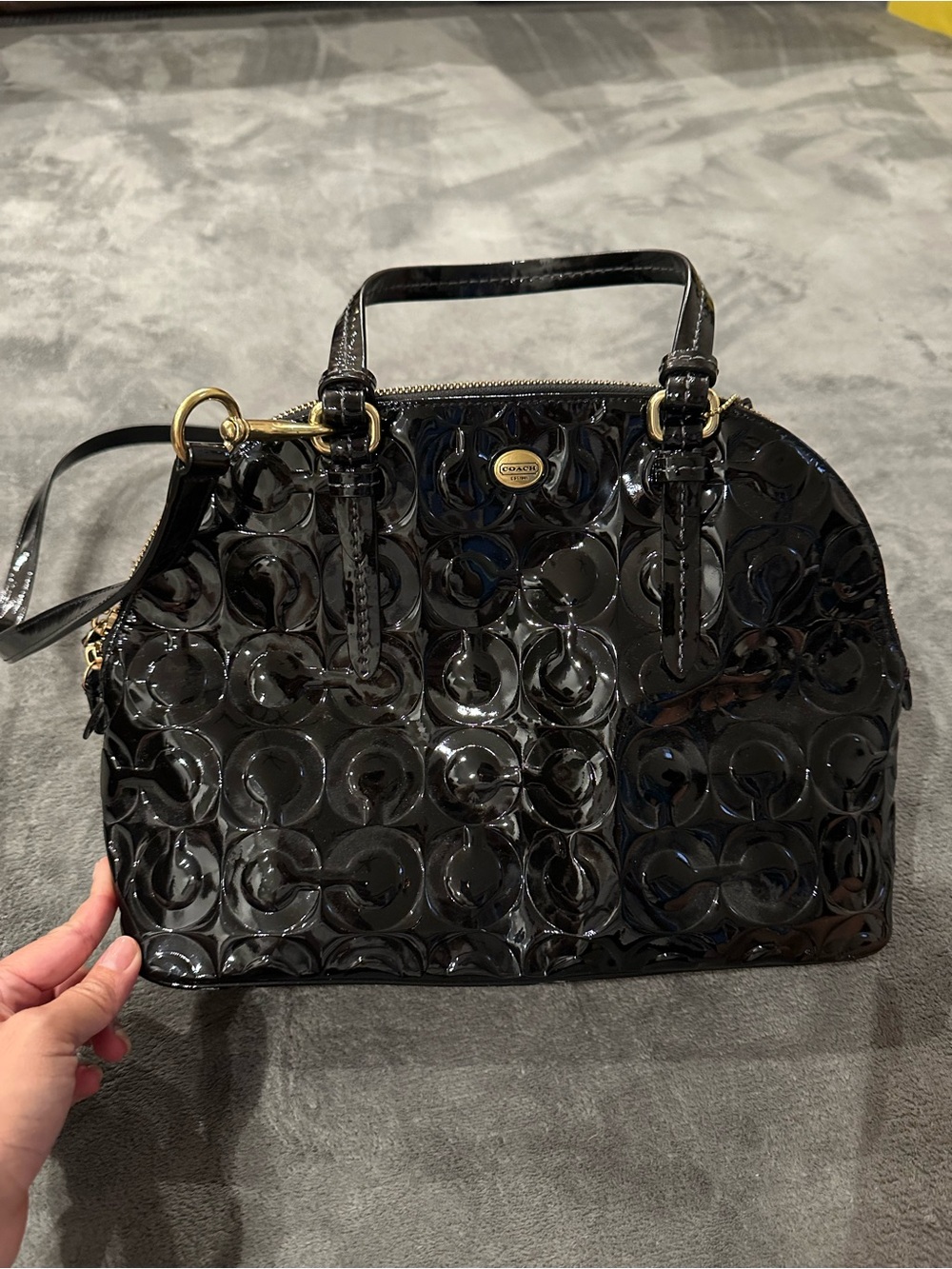 Coach Black Patent Embossed Dome Satchel with Gold Hardware